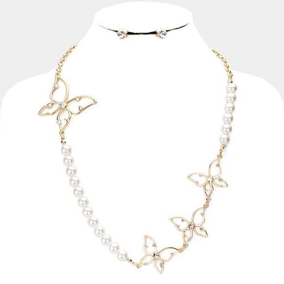 Butterfly Pearl Rhinestone Necklace Set - Picture 1 of 8